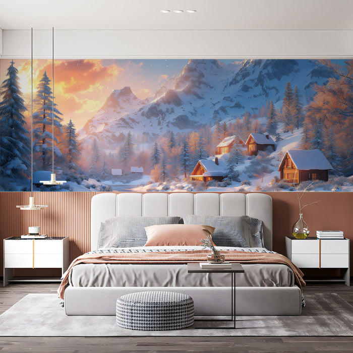 Snowy Lighthouse Village Mural Wallpaper