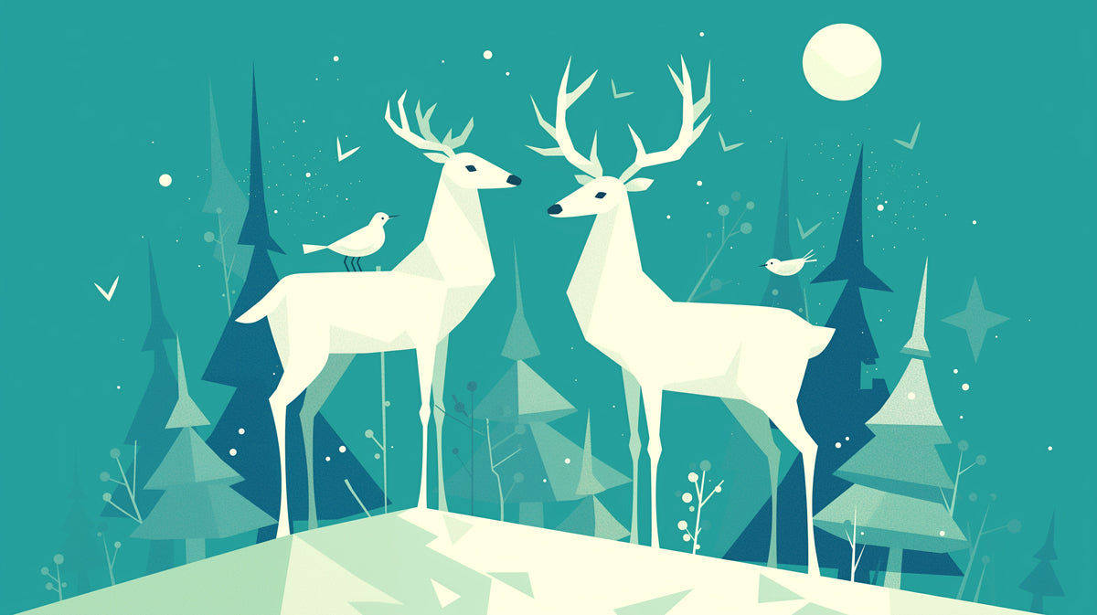 Teal Night Forest with Deer Mural Wallpaper | Teal, White and Beige Deer -1