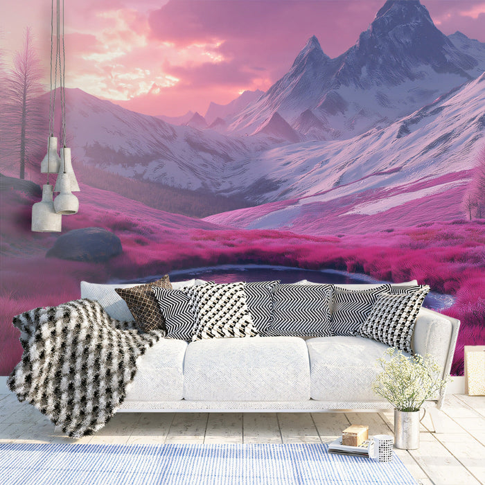 Pink - Hued Alpine Landscape Mural Wallpaper