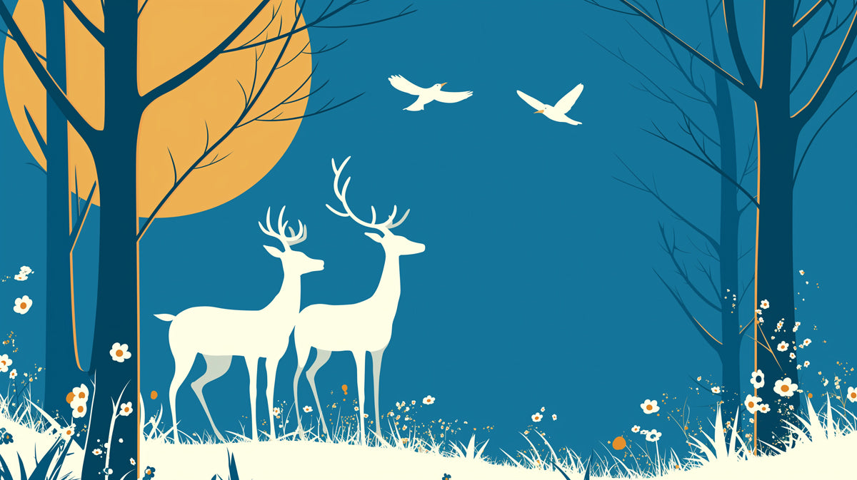 Teal Night Forest with Deer Mural Wallpaper | Teal, White and Beige Deer -2