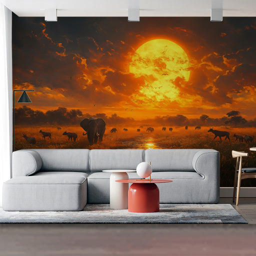 African Savannah Sunset with Elephants Mural Wallpaper