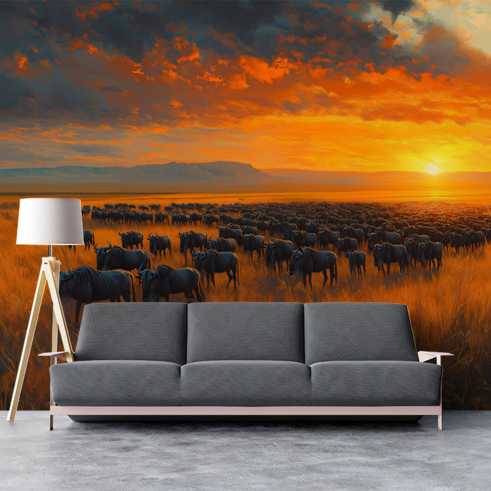 Wildebeest Migration at Sunset Mural Wallpaper