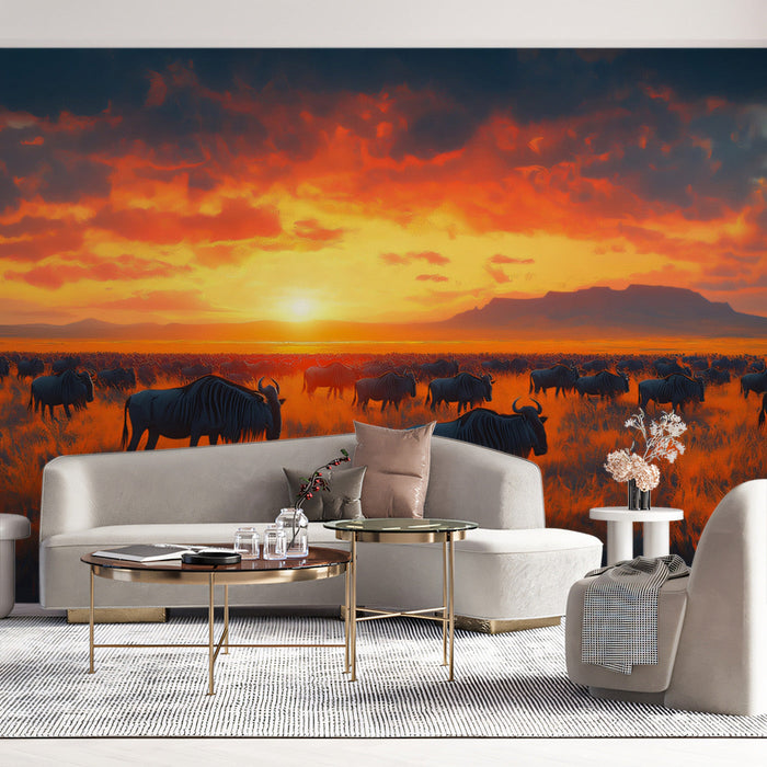 Another Wildebeest Savannah Sunset Mural Wallpaper