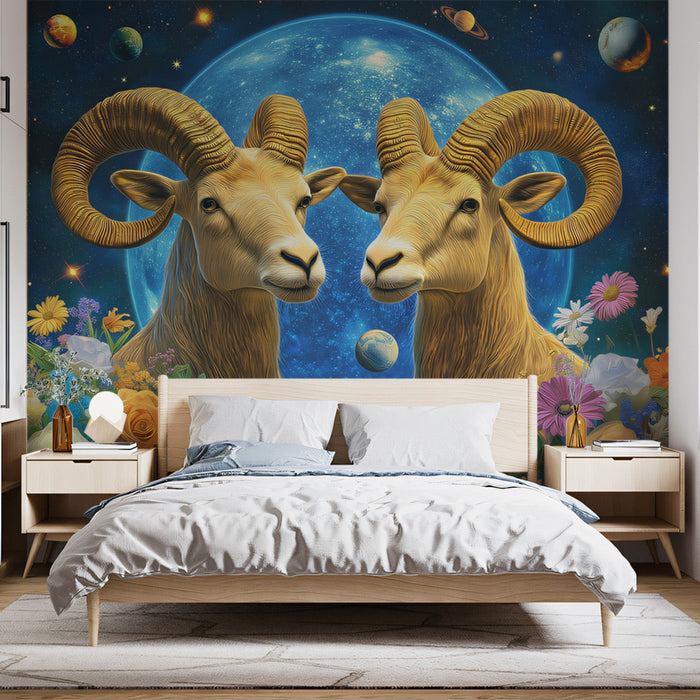 Aries - Double - Ram Mural Wallpaper | Blue, Gold, Flowers, and Planets