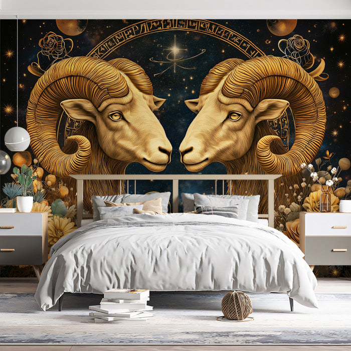 Aries - Double - Ram Mural Wallpaper | Blue, Gold, Flowers, and Planets