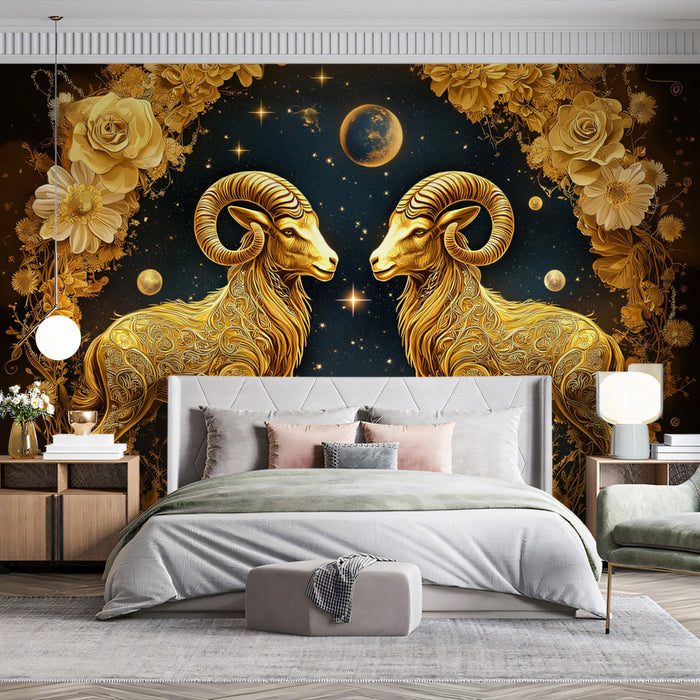 Aries - Golden Ram Mural Wallpaper | Gold, Black, and Stars