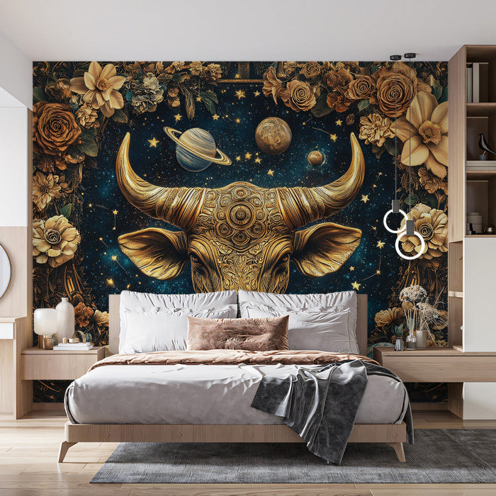 Taurus - Golden Bull Mural Wallpaper | Gold, Blue, Flowers, and Planets