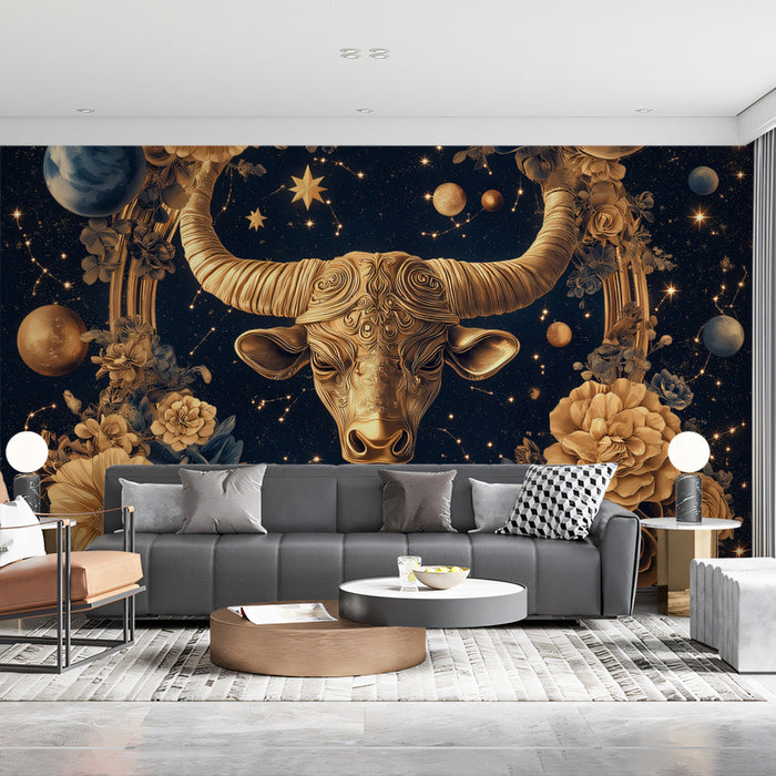 Taurus - Majestic Bull Mural Wallpaper | Gold, Black, and Celestial Elements