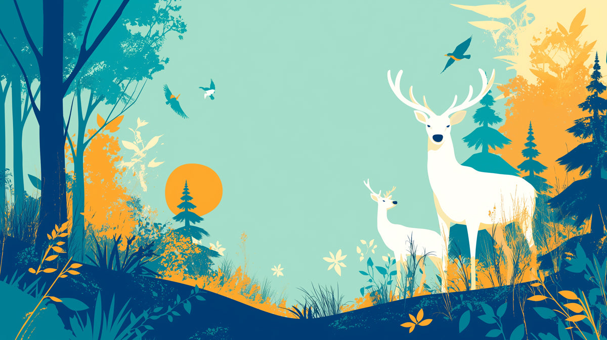 Teal Night Forest with Deer Mural Wallpaper | Teal, White and Beige Deer -3