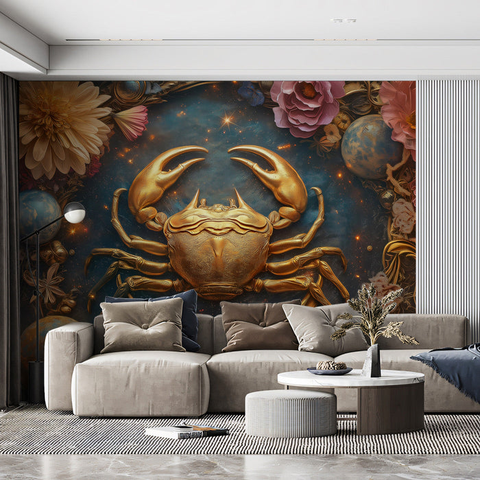 Cancer - Golden Crab Mural Wallpaper | Gold, Blue, Flowers, and Planets