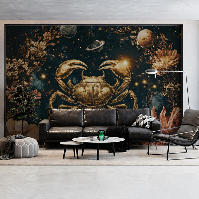 Cancer - Golden Crab Celestial Mural Wallpaper | Dark Blue, Gold, Flowers, and Planets