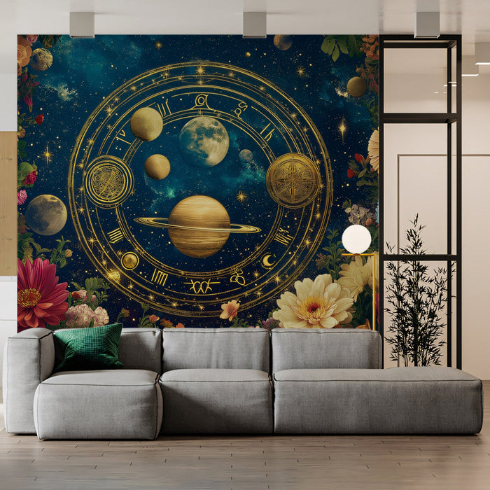 Zodiac - Celestial Wheel Mural Wallpaper | Deep Blue, Gold, Flowers, and Planets
