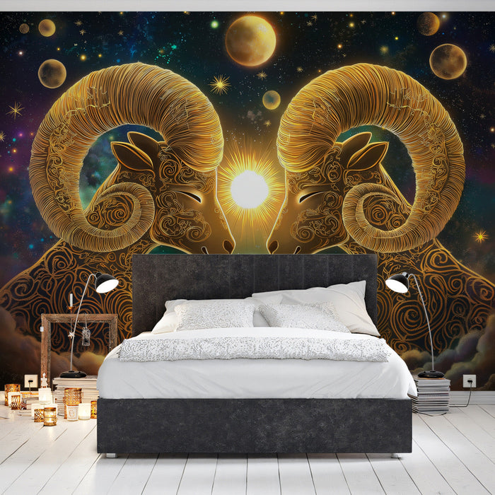 Aries - Celestial Ram Mural Wallpaper | Golden, Cosmic Hues, and Lunar Elements
