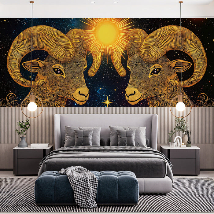 Aries - Celestial Ram Mural Wallpaper | Golden, Cosmic Hues, and Lunar Elements