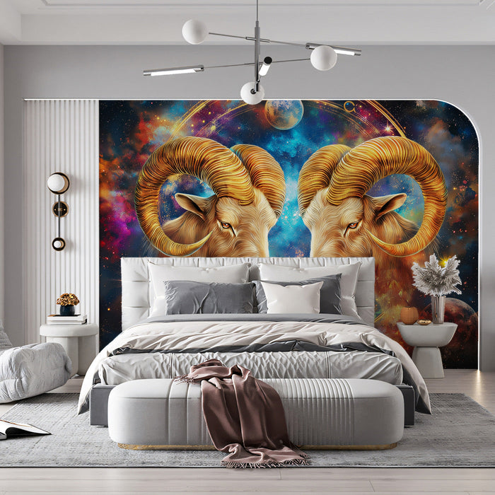 Aries - Galactic Ram Mural Wallpaper | Vivid Cosmic Colors, Rams