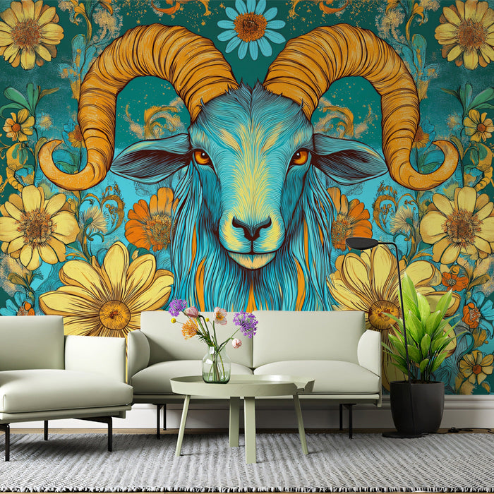 Aries - Floral Ram Mural Wallpaper | Turquoise, Yellow, and Floral Elements
