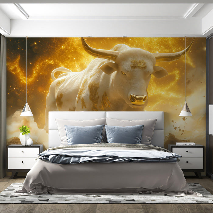 Taurus - Cosmic Bull Mural Wallpaper | Golden, Celestial Hues, and Nebula - like Background