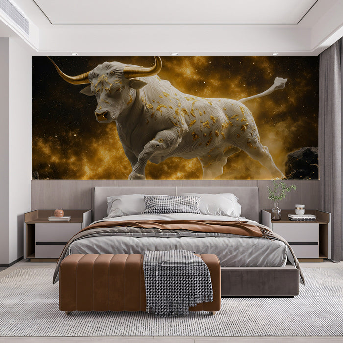 Taurus - Cosmic Bull Mural Wallpaper | Golden, Celestial Hues, and Nebula - like Background