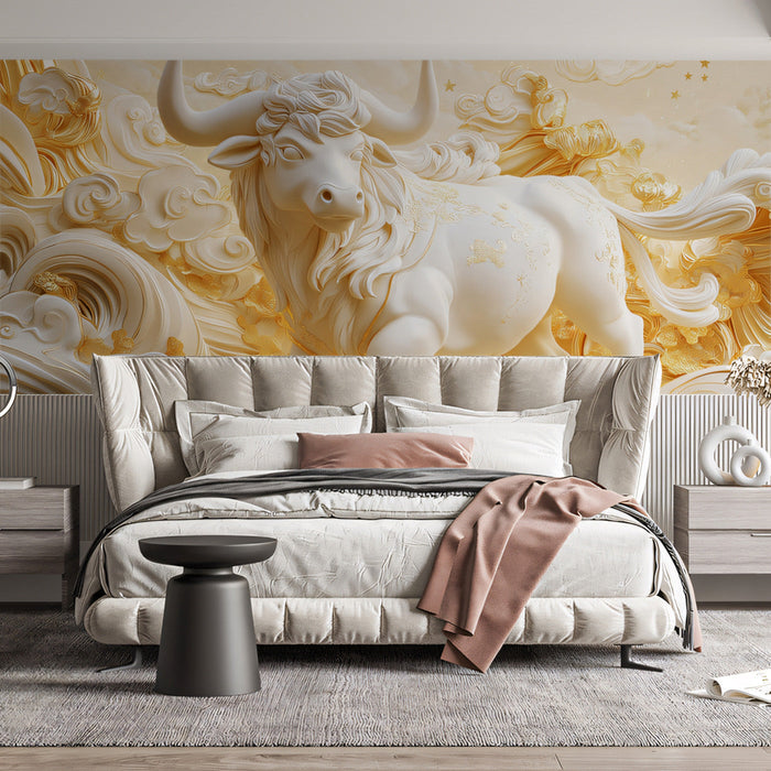Taurus - Ornate Bull Mural Wallpaper | Cream, Gold, and Cloud - like Patterns