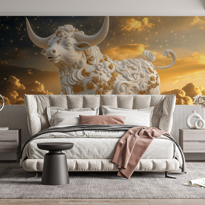 Taurus - Sculpted Bull Mural Wallpaper | White, Gold, and Celestial Background