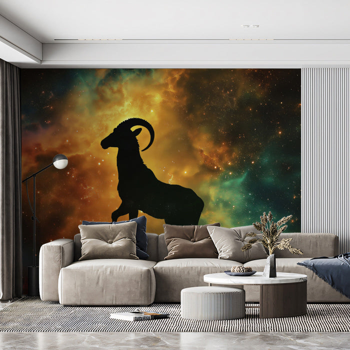 Capricorn - Celestial Goat Mural Wallpaper | Dark, Cosmic Hues, and Silhouette