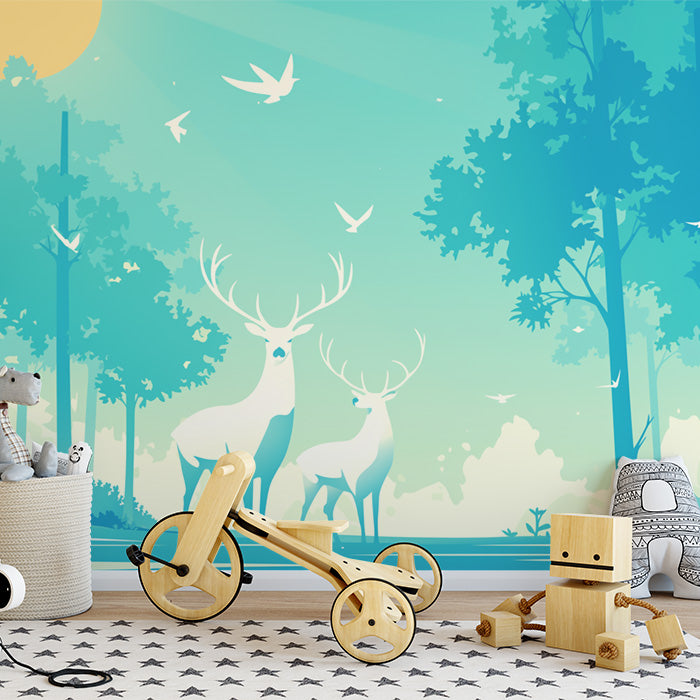 Papel tapiz mural de Bosque Verde con Familia de Ciervos para la habitación de un niño | Ciervo Familiar Verde, Amarillo y Azul
