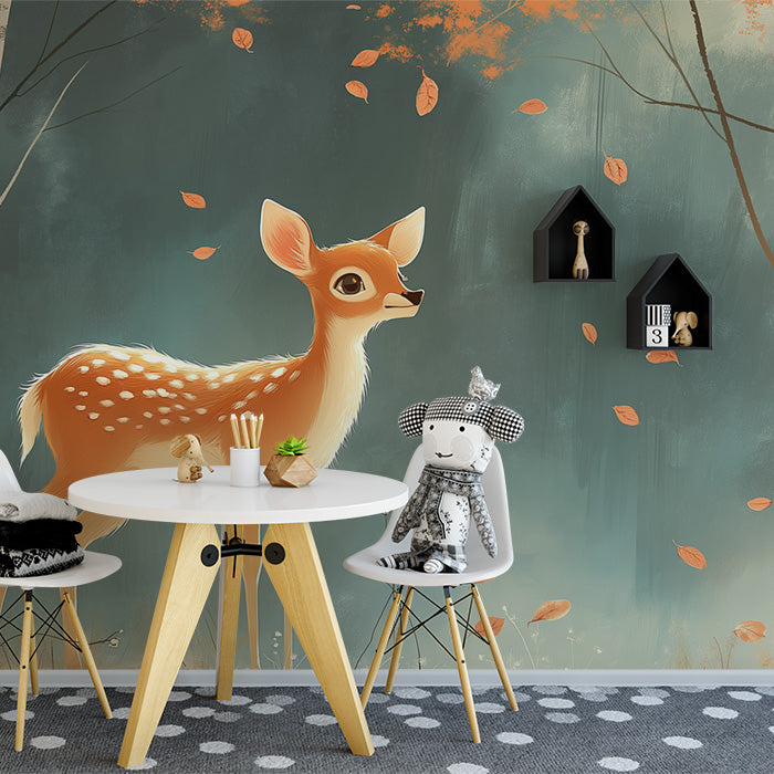 Papel tapiz mural de bosque verde con ciervo | Ciervo verde, naranja y blanco
