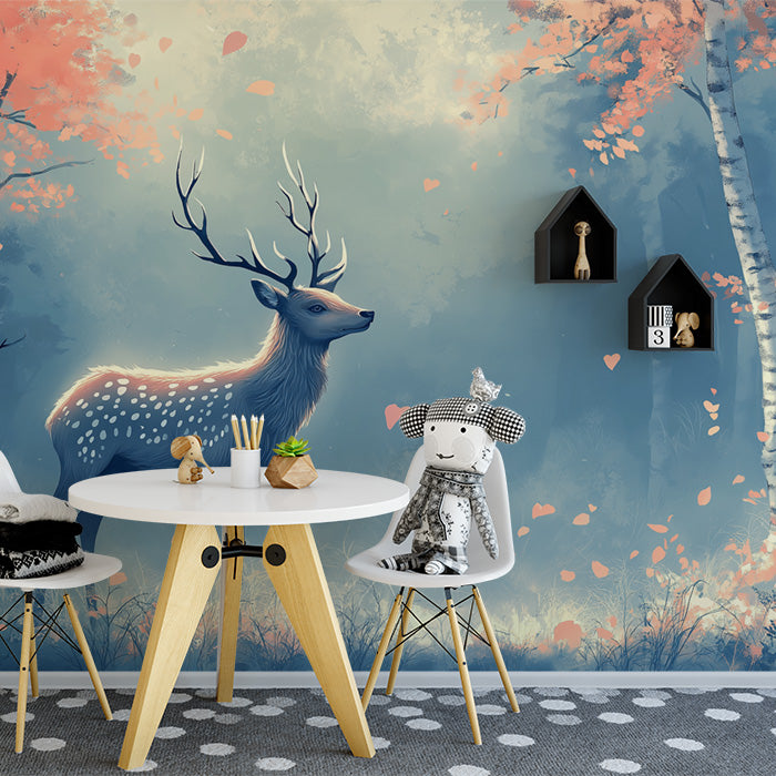Blue Forest with Deer and Autumn Leaves Mural Wallpaper for a kid's room | Blue, Orange and White Dear