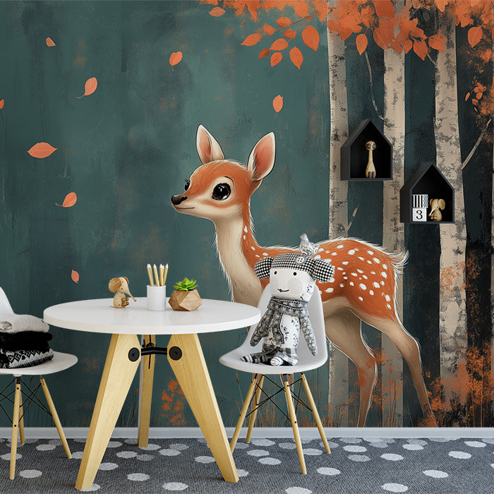 Blue Forest with Deer and Autumn Leaves Mural Wallpaper for a playroom | Blue, Orange and White Dear
