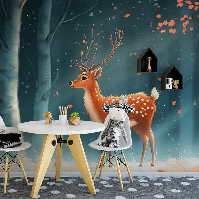 Blue Forest with Deer and Autumn Leaves Mural Wallpaper for a Nursey | Blue, Orange and White Dear