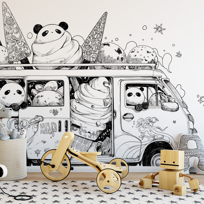 Black and White Panda Ice Cream Van Mural Wallpaper | Black, White and Gray Panda -1