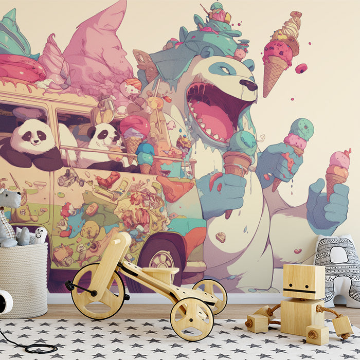 Bunte Panda-Eiscreme-Wagen-Malerei-Tapete | Verschiedene Farben Panda