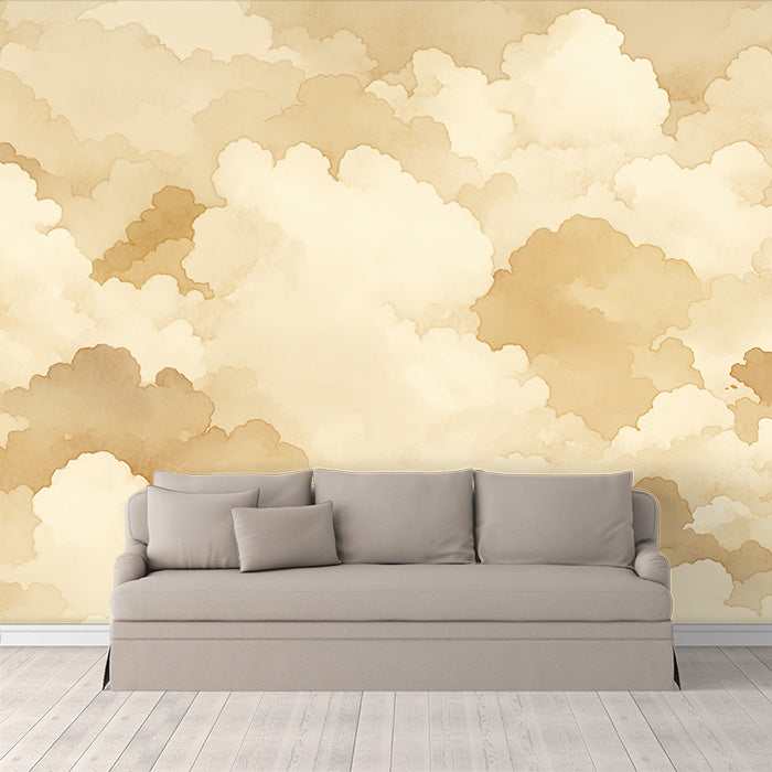 Papel tapiz mural de nubes doradas para un salón de hotel u oficina | Beige, marrón claro y blanco