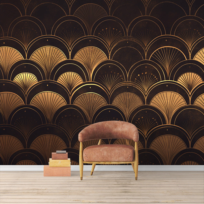 Art Deco Fan Pattern Mural Wallpaper for a Reading room | Black, Gold and Dark Brown Deco