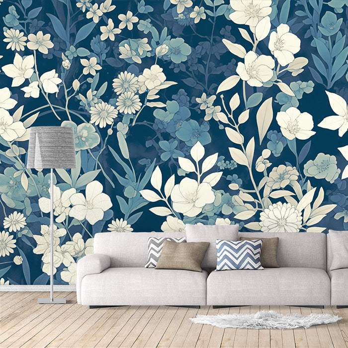 Carta da parati murale floreale blu marino | Blu marino, azzurro chiaro e fiori bianchi