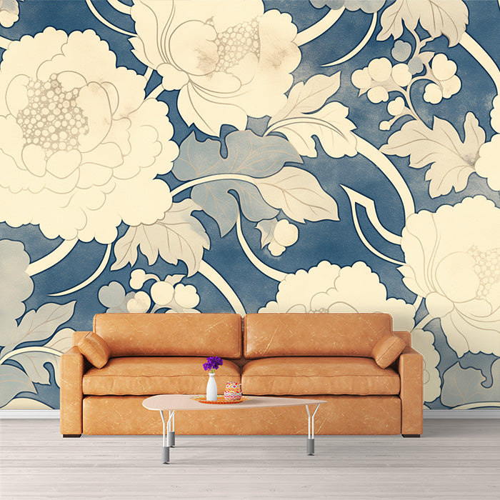 Blue and Cream Floral Mural Wallpaper | Blue, Cream and Light Blue Flower