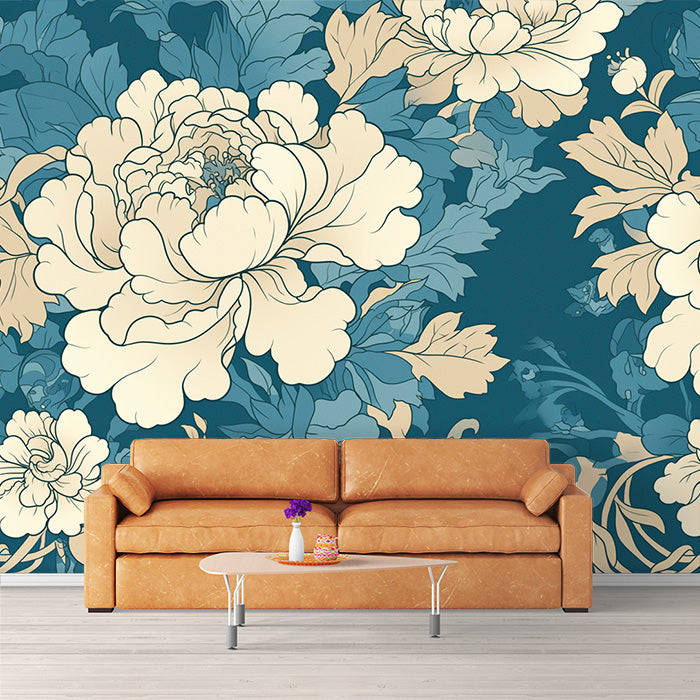 Carta da parati murale floreale verde acqua e crema | Verde acqua, crema e fiori azzurri chiari
