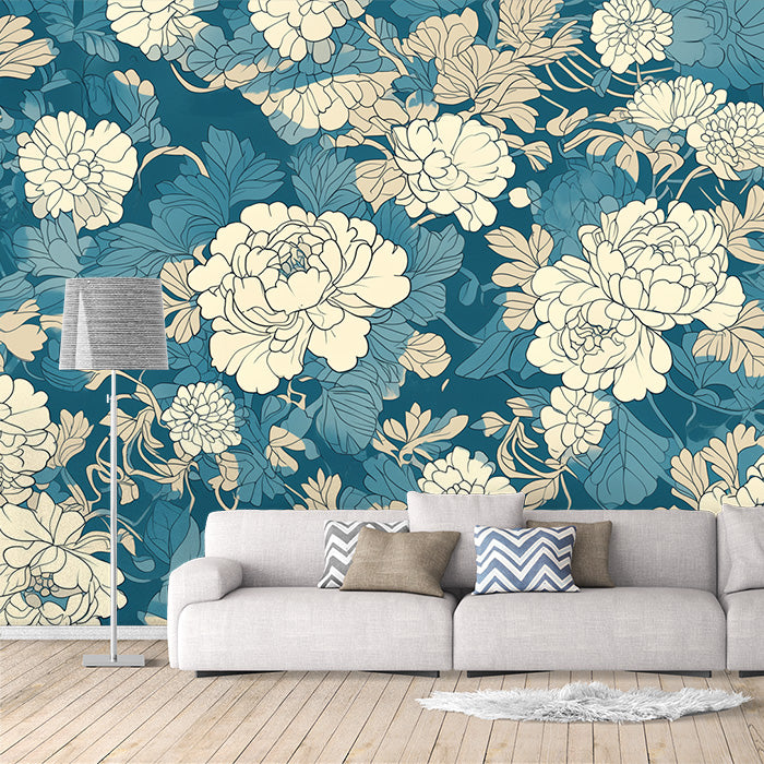Carta da parati murale floreale verde acqua e crema | Verde acqua, crema e blu chiaro fiori -1