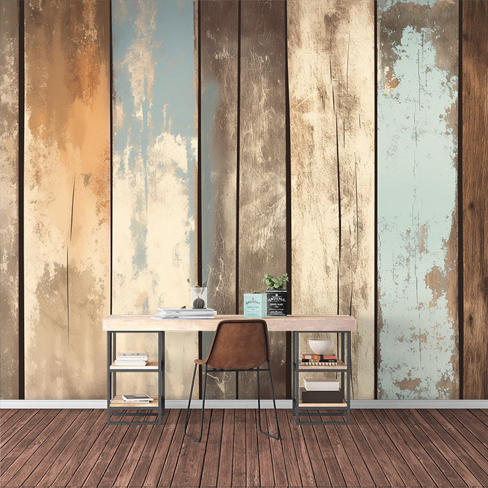 Papier peint mural en panneaux de bois rustiques | Panneau de bois marron, bleu, beige et beige