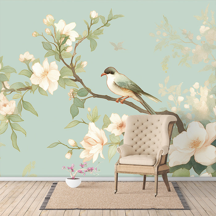 Bird and Flower Branch Mural Wallpaper for a Study room | Green, White and Light Blue