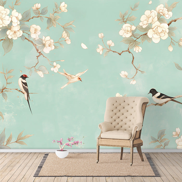 Bird and Flower Branch Mural Wallpaper for a reading room| Green, White and Light Blue