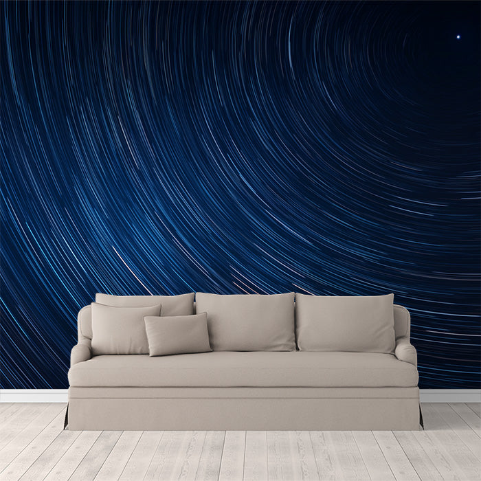Papier peint mural ciel nocturne avec traînées d'étoiles | Ciel nocturne bleu, noir et blanc
