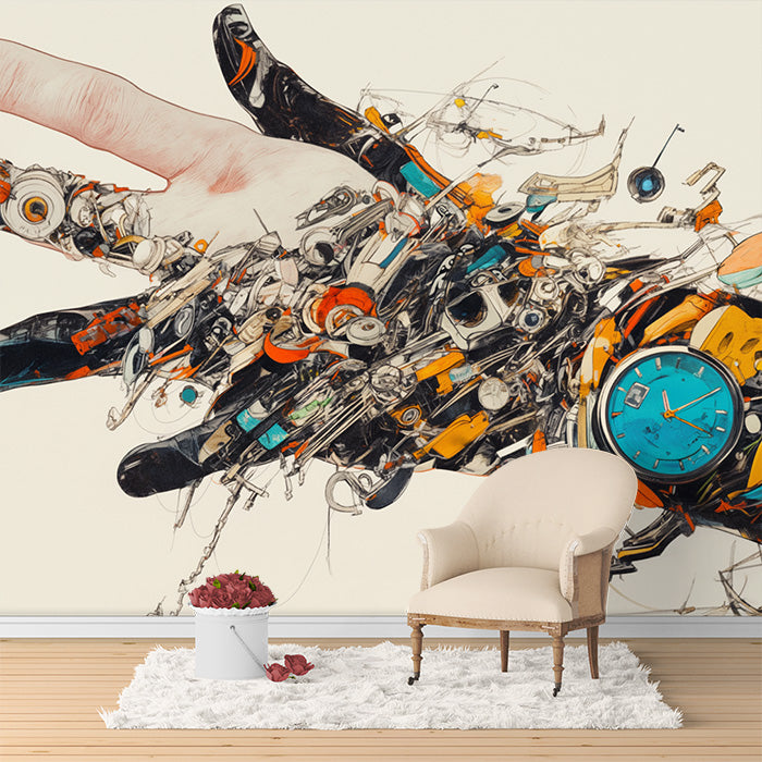 Papel tapiz mural de arte con mano mecánica | Beige, negro, naranja y azul.
