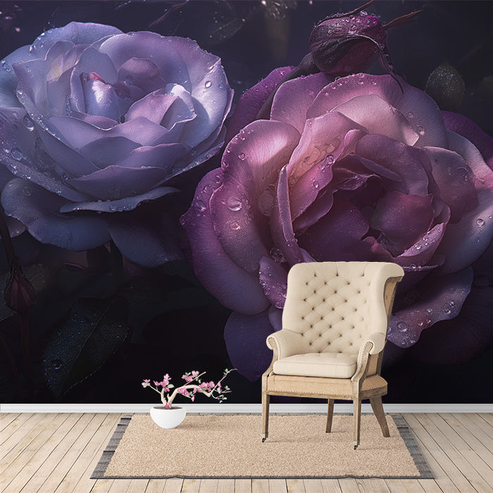 Mur peint avec une rose pourpre et des gouttes de rosée pour un bureau | Rose pourpre, rose et noir