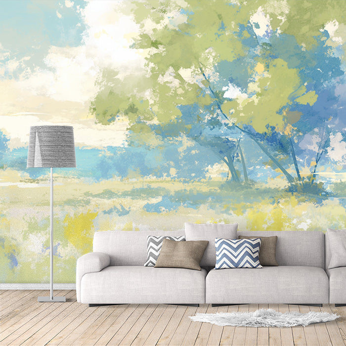 Abstract Landscape Mural Wallpaper | Green, Blue, Yellow and White