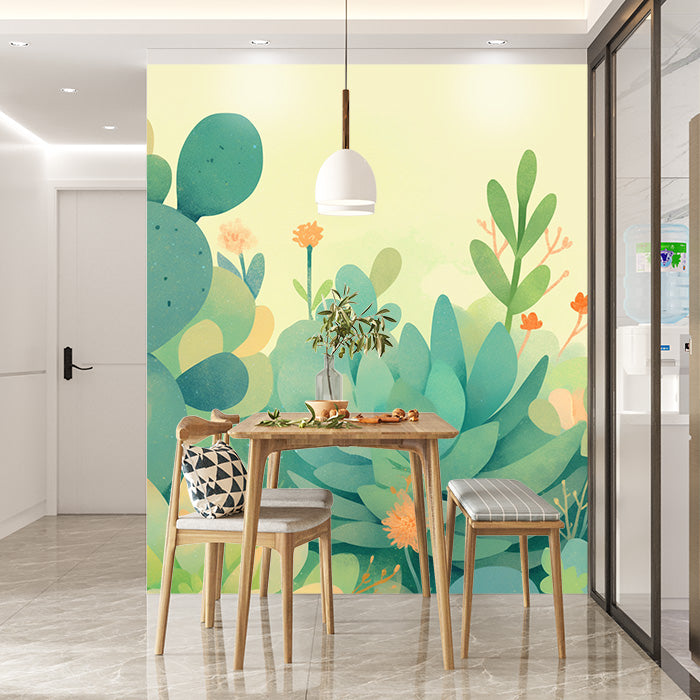 Cartoon Cactus and Plant Mural Wallpaper | Green, Yellow and Orange