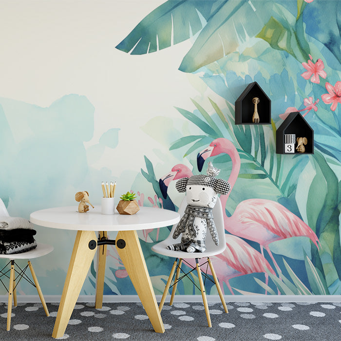 Tropischer Flamingo und Pflanzen Wandbildtapete | Rosa, Grün, Blau und Weiß