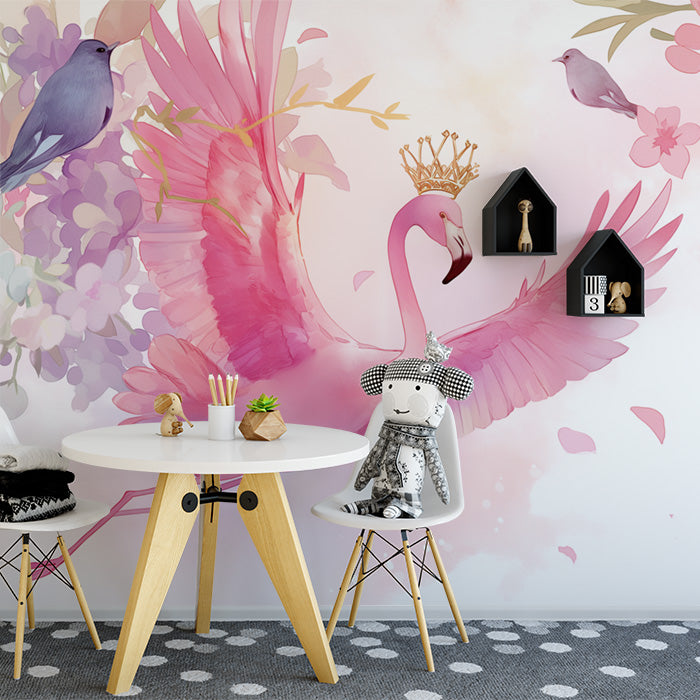 Papier peint mural de flamant rose avec couronne pour une salle d'étude | Flamant rose, violet, bleu et blanc