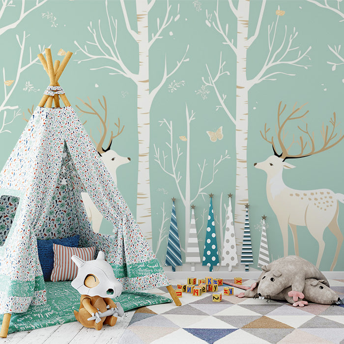 Papel tapiz mural de bosque verde menta con ciervos para el cuarto de un niño | Verde menta, blanco y ciervo marrón
