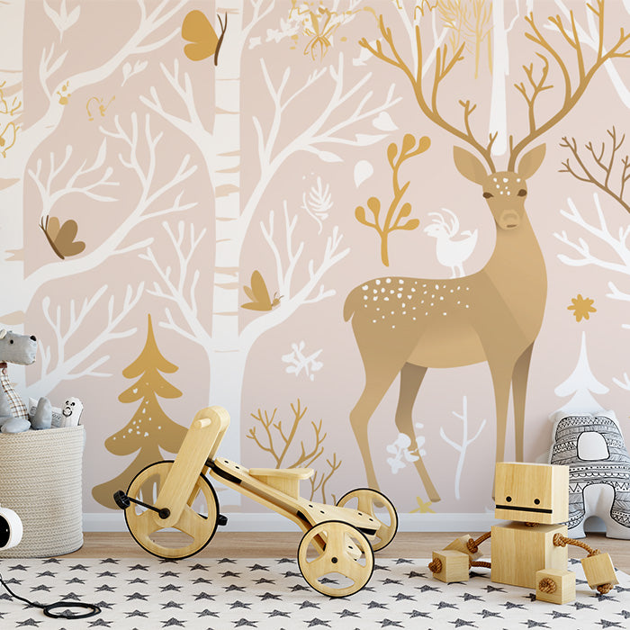 Blush Pink Forest with Deer Mural Wallpaper | Blush Pink, White and Gold Deer